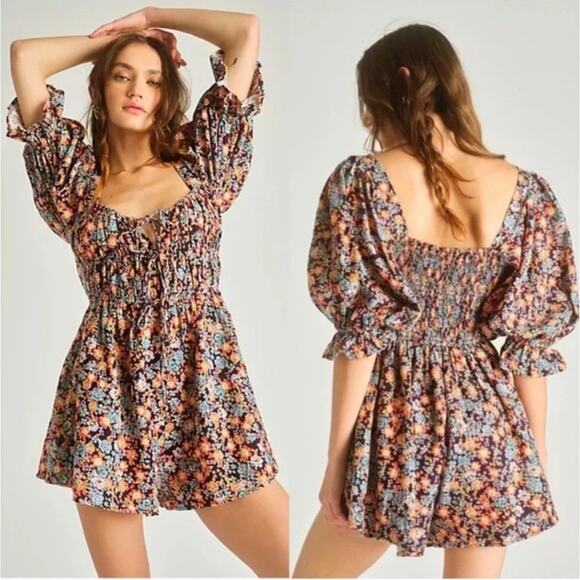 Free People Show Me Love Linen Blend Floral Romper Puff Sleeve Pockets Medium - Picture 2 of 13